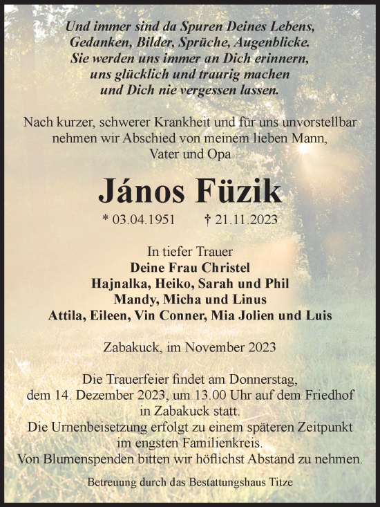 Traueranzeige von János Füzik von Volksstimme Burg/Genthin