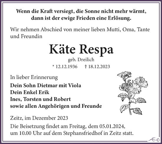 Traueranzeige von Käte Respa von Trauerkombi Zeitz