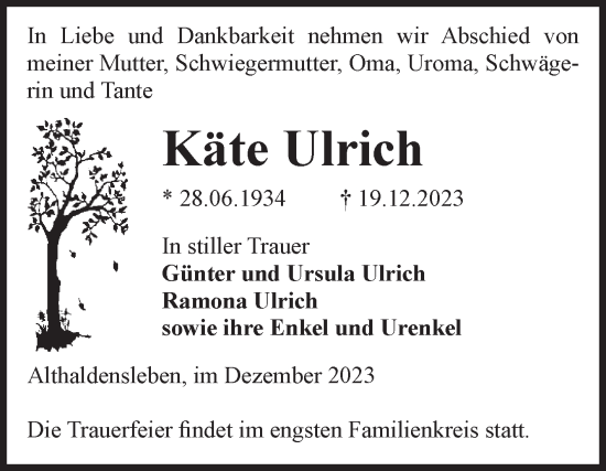 Traueranzeige von Käte Ulrich von Volksstimme Haldensleben/Wolmirstedt