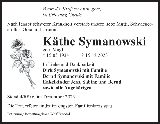 Traueranzeige von Käthe Symanowski von Volksstimme Altmark Ost