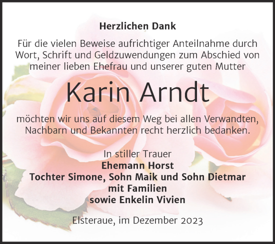 Traueranzeige von Karin Arndt von Trauerkombi Zeitz