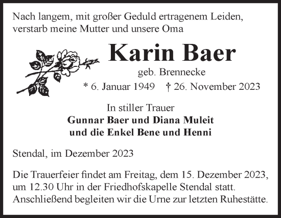 Traueranzeige von Karin Baer von Volksstimme Altmark Ost