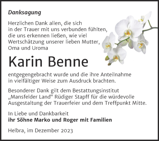 Traueranzeige von Karin Benne von Trauerkombi Mansfelder Land