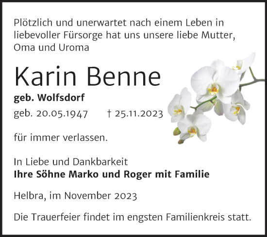 Traueranzeige von Karin Benne von Trauerkombi Mansfelder Land