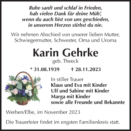 Traueranzeige von Karin Gehrke von Volksstimme Altmark Ost