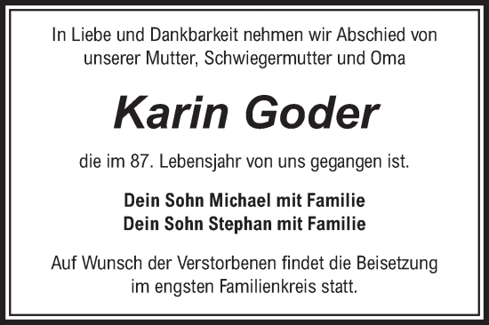Traueranzeige von Karin Goder von Volksstimme Schönebeck