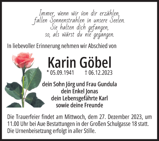 Traueranzeige von Karin Göbel von Volksstimme Magdeburg