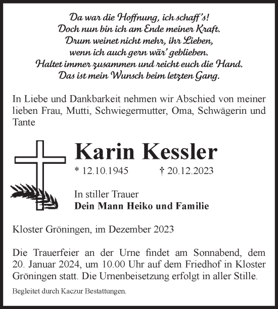 Traueranzeige von Karin Kessler von Volksstimme Oschersleben/Wanzleben