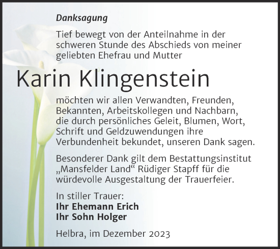 Traueranzeige von Karin Klingenstein von Trauerkombi Mansfelder Land