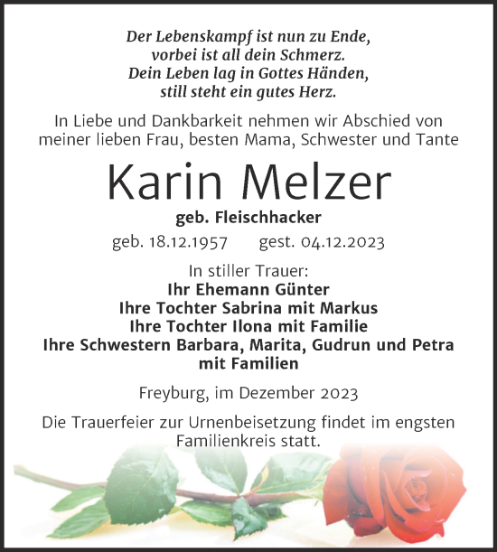Traueranzeige von Karin Melzer von Wochenspiegel Naumburg/Nebra