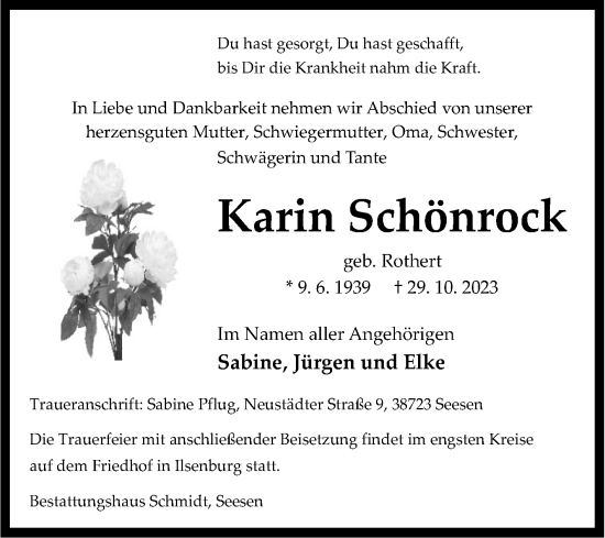 Traueranzeige von Karin Schönrock von Volksstimme Wernigerode