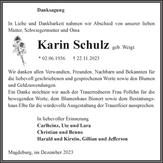 Traueranzeige von Karin Schulz von Volksstimme Magdeburg
