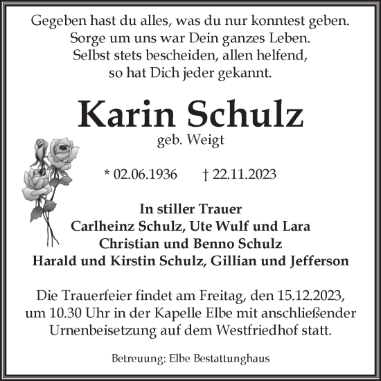 Traueranzeige von Karin Schulz von Volksstimme Magdeburg