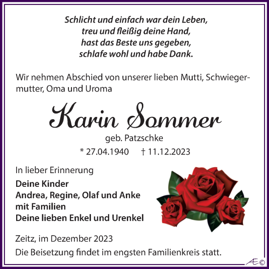 Traueranzeige von Karin Sommer von Trauerkombi Zeitz
