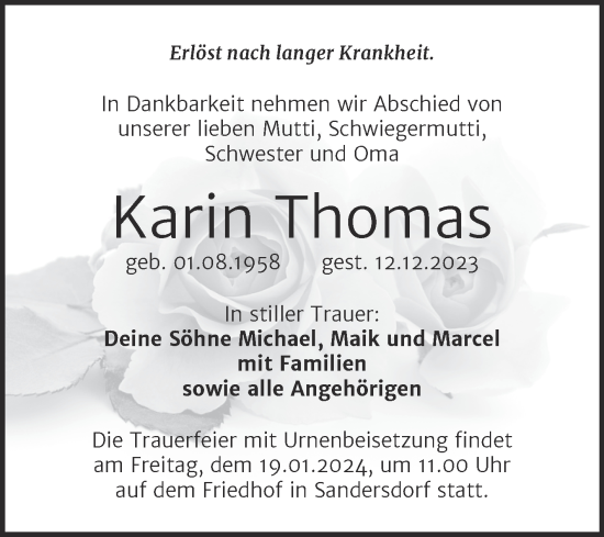 Traueranzeige von Karin Thomas von Trauerkombi Bitterfeld