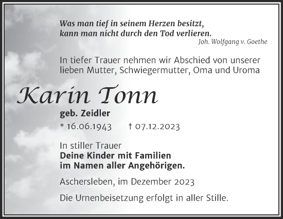 Traueranzeige von Karin Tonn von Trauerkombi Aschersleben