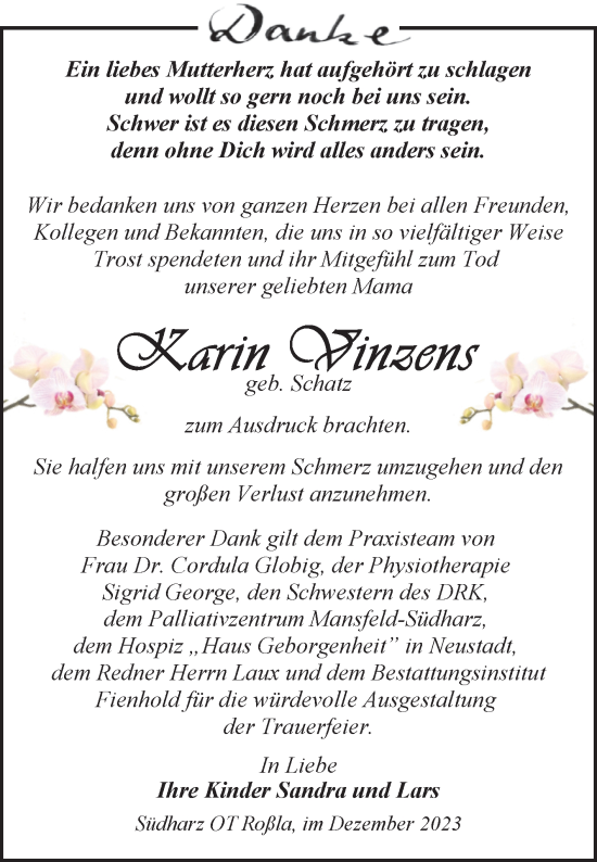 Traueranzeige von Karin Vinzens von Mitteldeutsche Zeitung Sangerhausen