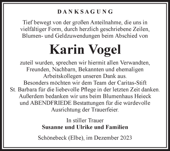 Traueranzeige von Karin Vogel von Volksstimme Schönebeck