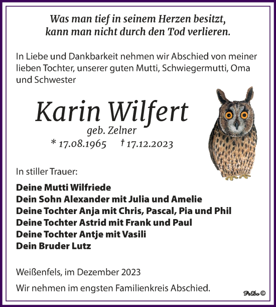 Traueranzeige von Karin Wilfert von Trauerkombi Weißenfels