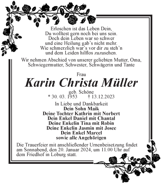 Traueranzeige von Karin Christa Müller von Volksstimme Zerbst