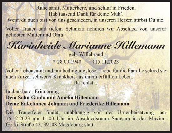 Traueranzeige von Karinheide Marianne Hillemann von Volksstimme Magdeburg