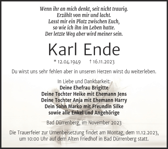Traueranzeige von Karl Ende von Trauerkombi Merseburg