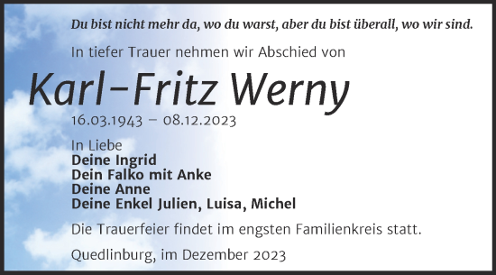 Traueranzeige von Karl-Fritz Werny von Trauerkombi Quedlinburg