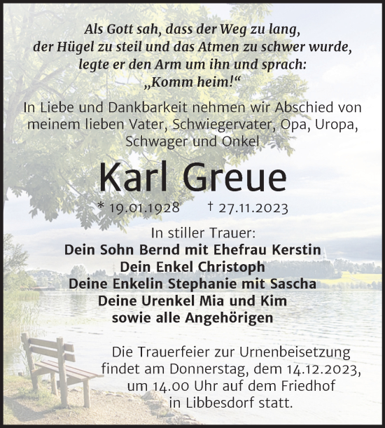 Traueranzeige von Karl Greue von Trauerkombi Köthen