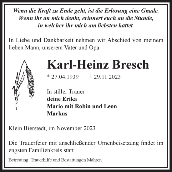 Traueranzeige von Karl-Heinz Bresch von Volksstimme Altmark West