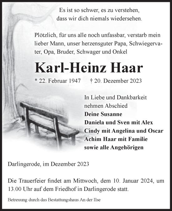Traueranzeige von Karl-Heinz Haar von Volksstimme Wernigerode
