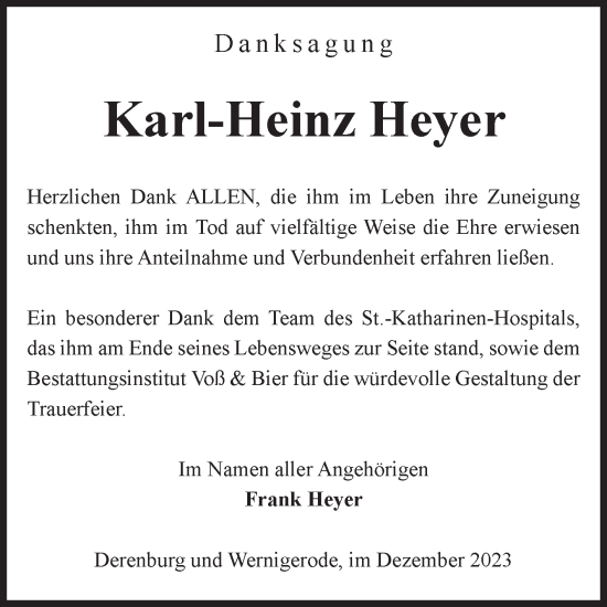 Traueranzeige von Karl-Heinz Heyer von Volksstimme Wernigerode