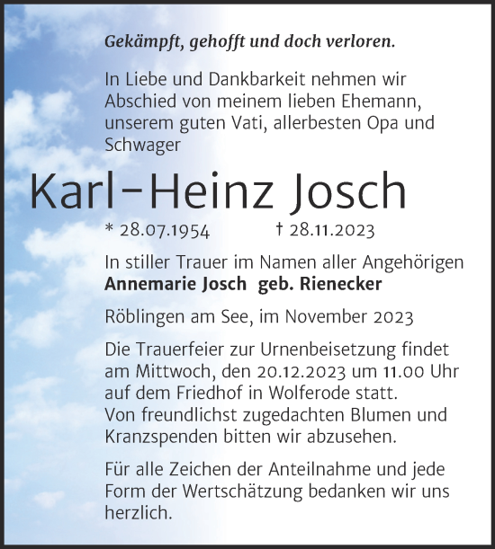 Traueranzeige von Karl-Heinz Josch von Trauerkombi Mansfelder Land