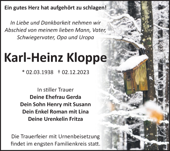 Traueranzeige von Karl-Heinz Kloppe von Trauerkombi Bitterfeld