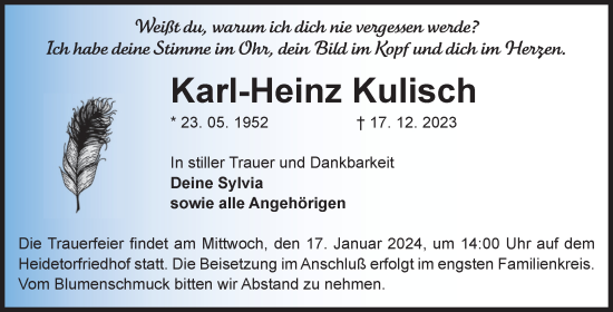 Traueranzeige von Karl-Heinz Kulisch von Volksstimme Zerbst