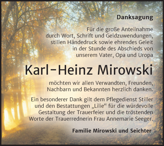 Traueranzeige von Karl-Heinz Mirowski von Trauerkombi Dessau