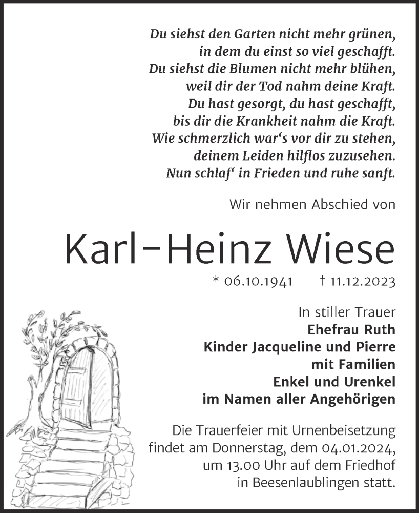  Traueranzeige für Karl-Heinz Wiese vom 23.12.2023 aus Trauerkombi Bernburg