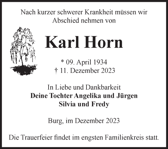 Traueranzeige von Karl Horn von Volksstimme Burg/Genthin