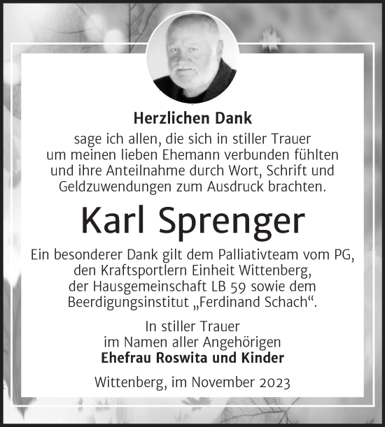 Traueranzeige von Karl Sprenger von Trauerkombi Wittenberg