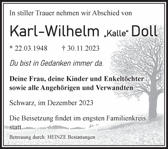 Traueranzeige von Karl-Wilhelm Doll von Volksstimme Schönebeck