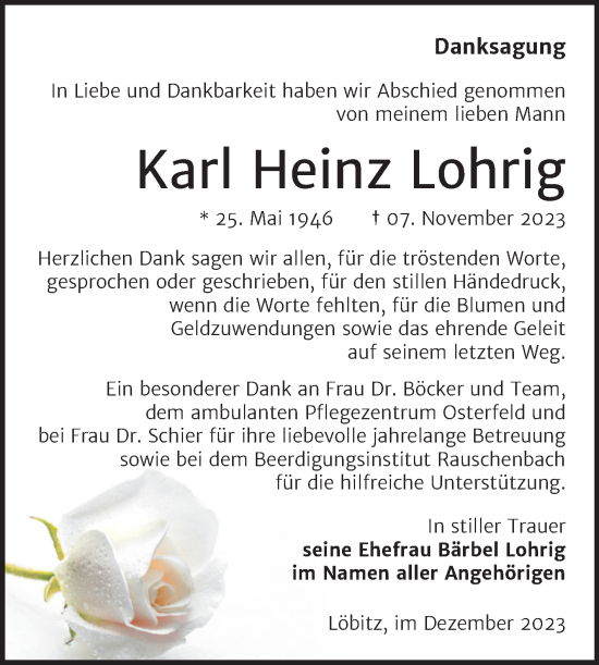 Traueranzeige von Karl Heinz Lohrig von Wochenspiegel Naumburg/Nebra