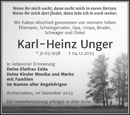 Traueranzeige von Karl Heinz Unger von Trauerkombi Aschersleben