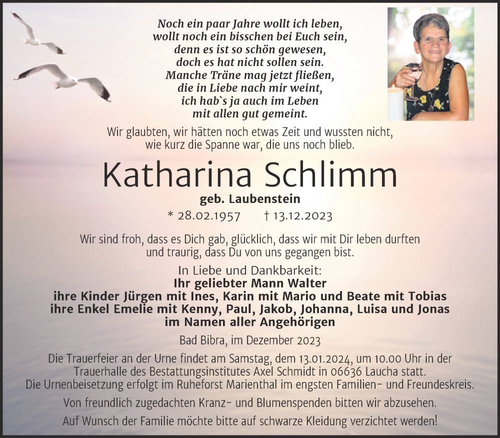  Traueranzeige für Katharina Schlimm vom 20.12.2023 aus Wochenspiegel Naumburg/Nebra