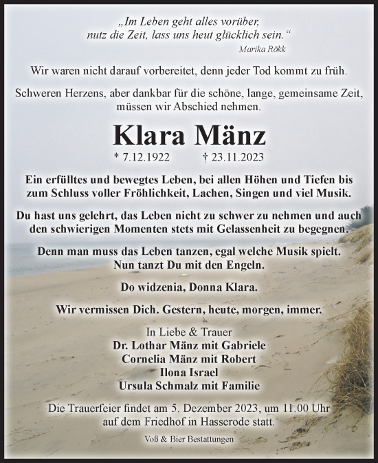 Traueranzeige von Klara Mänz von Volksstimme Wernigerode