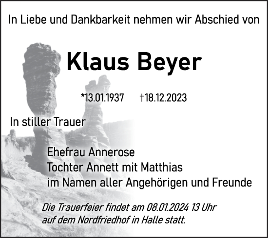 Traueranzeige von Klaus Beyer von Mitteldeutsche Zeitung Halle/Saalkreis
