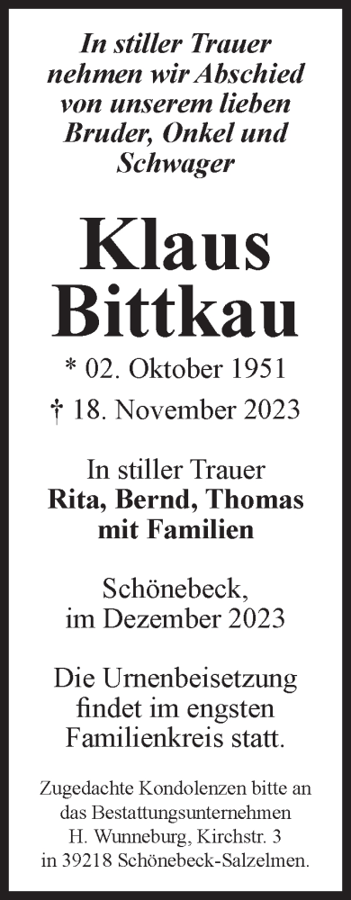 Traueranzeige von Klaus Bittkau von Volksstimme Schönebeck