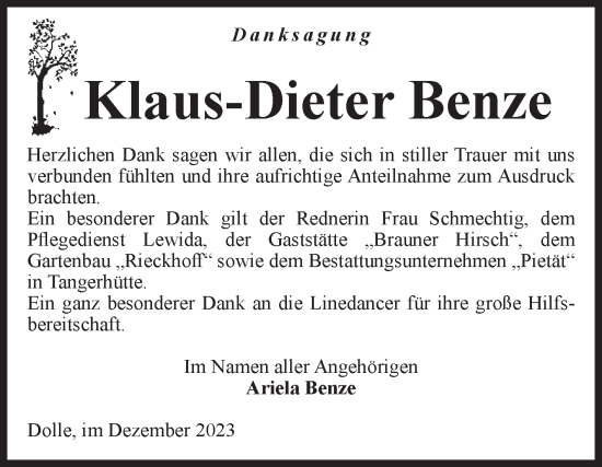 Traueranzeige von Klaus-Dieter Benze von Volksstimme Haldensleben/Wolmirstedt