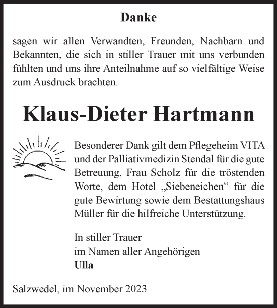 Traueranzeige von Klaus-Dieter Hartmann von Volksstimme Altmark West
