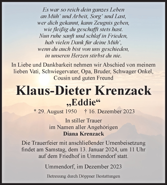 Traueranzeige von Klaus-Dieter Krenzack von Volksstimme Oschersleben/Wanzleben