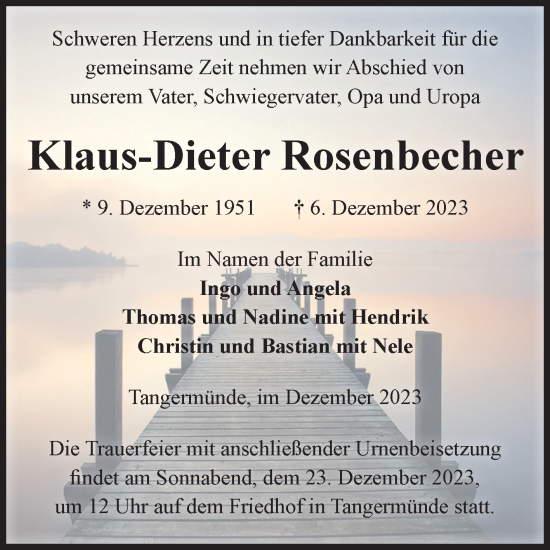 Traueranzeige von Klaus-Dieter Rosenbecher von Volksstimme Altmark Ost