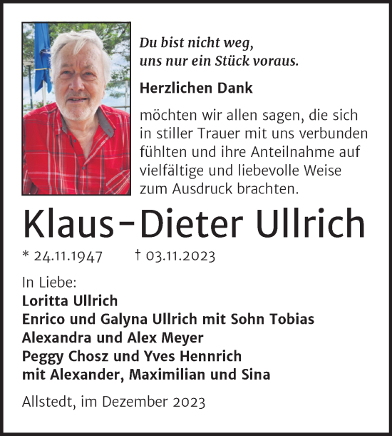 Traueranzeige von Klaus-Dieter Ullrich von Trauerkombi Sangerhausen
